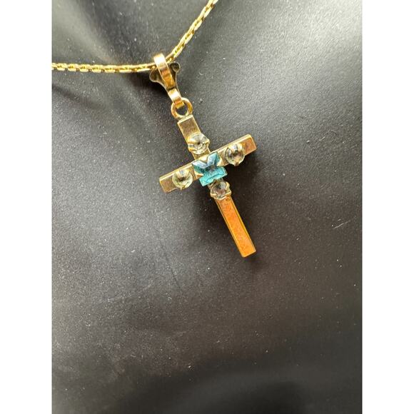 Vintage 1/20 10k Gold Filled Blue Topaz Cross Pendant Necklace C.T Signed - Picture 2 of 9
